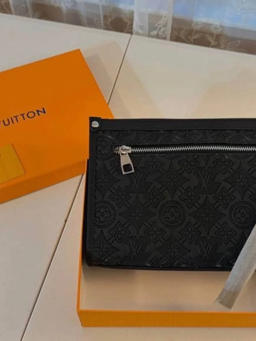 Louis Vuitton Black Embossed Monogram Pouch with Silver LV